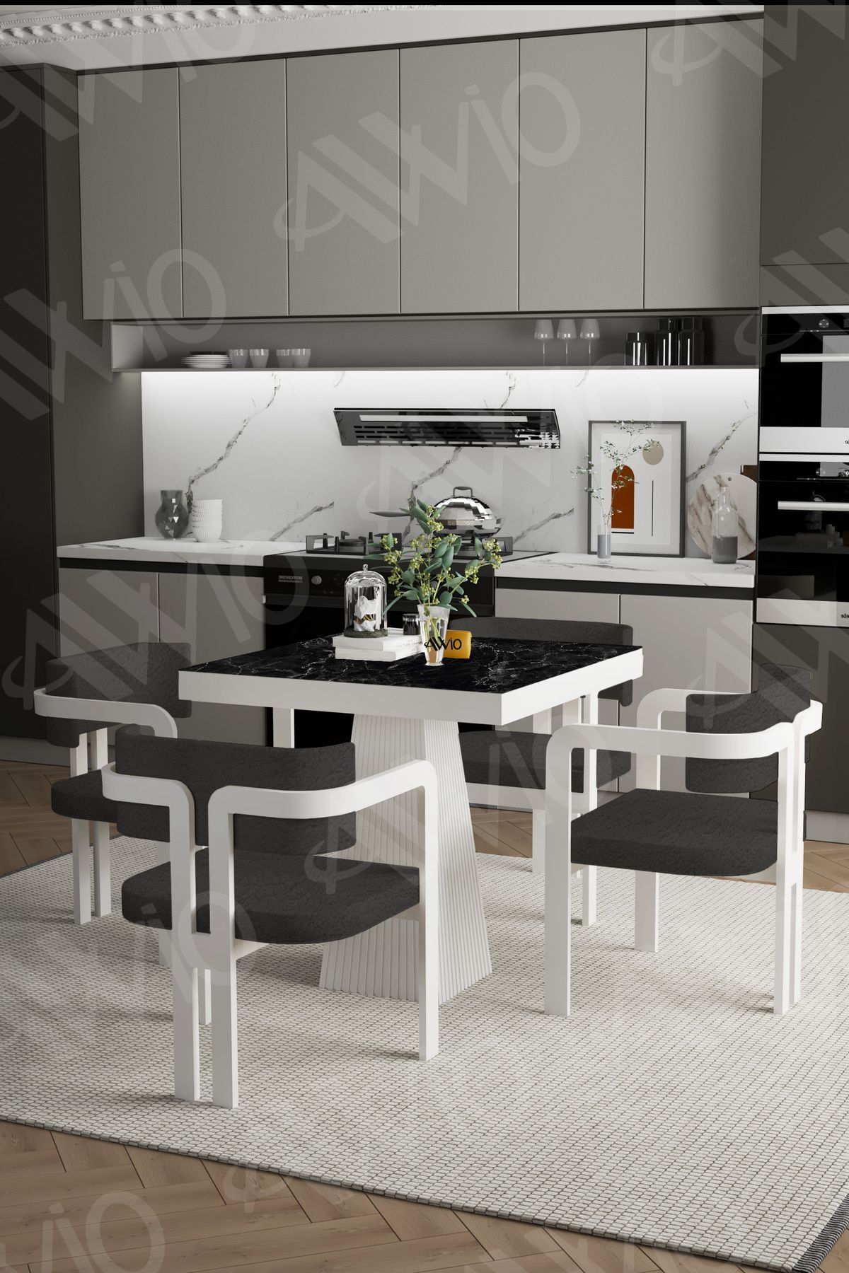 DORA Lake Mdf Ayak Tokyo Demonte Sandalye 80x80 Yemek Masası Mutfak Masası 4 Kişilik SİYAH MERMER - 80X80