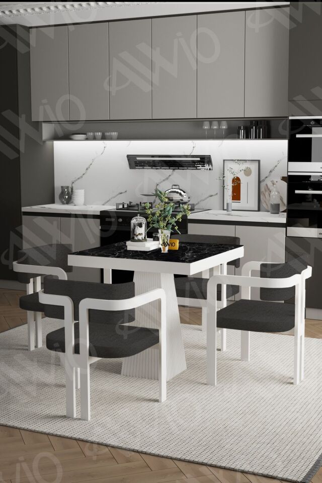 DORA Lake Mdf Ayak Tokyo Demonte Sandalye 80x80 Yemek Masası Mutfak Masası 4 Kişilik SİYAH MERMER - 80X80