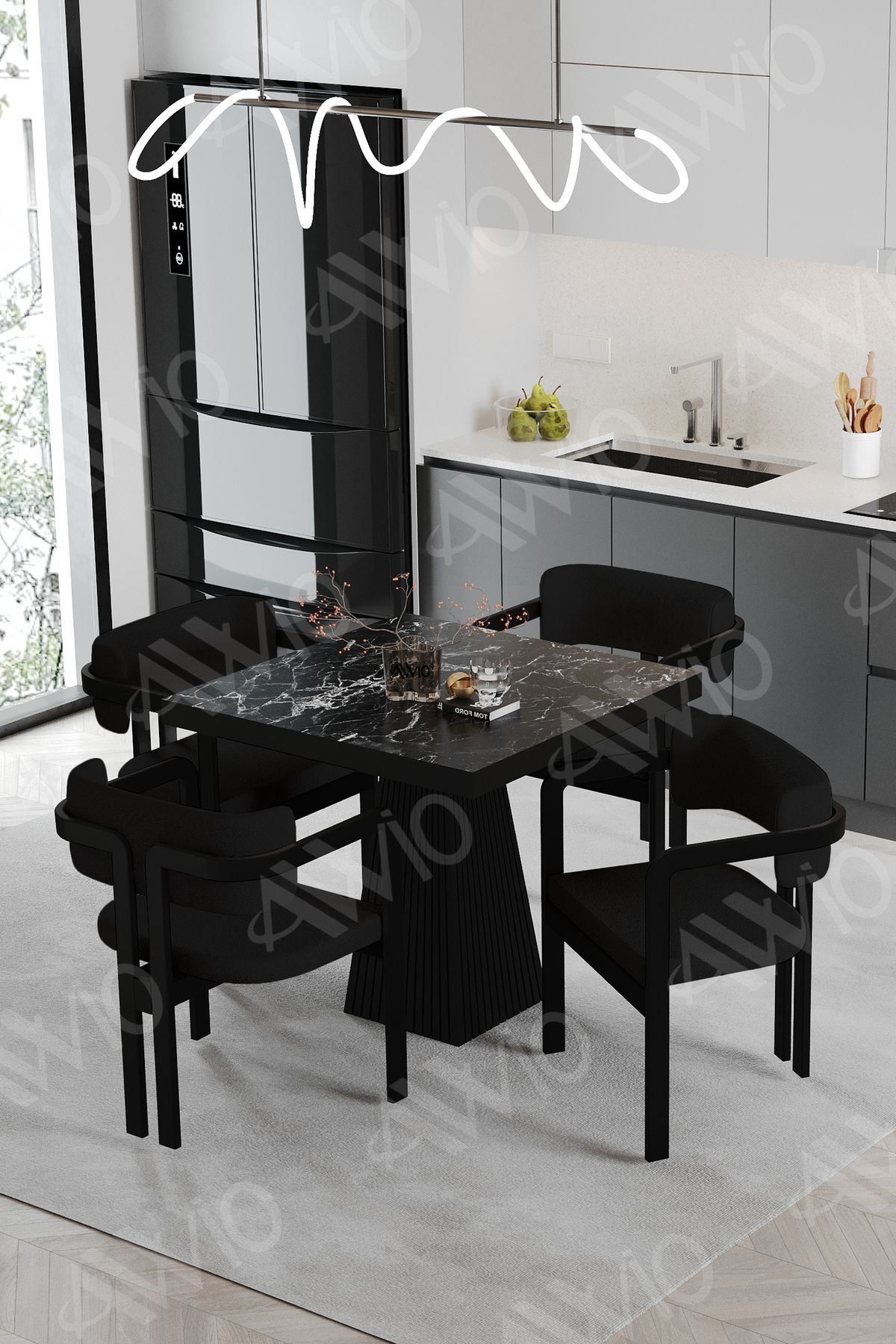 SİRİUS Lake Mdf Ayak Tokyo Demonte Sandalye 80x80 Yemek Masası Mutfak Masası 4 Kişilik SİYAH MERMER - 80X80