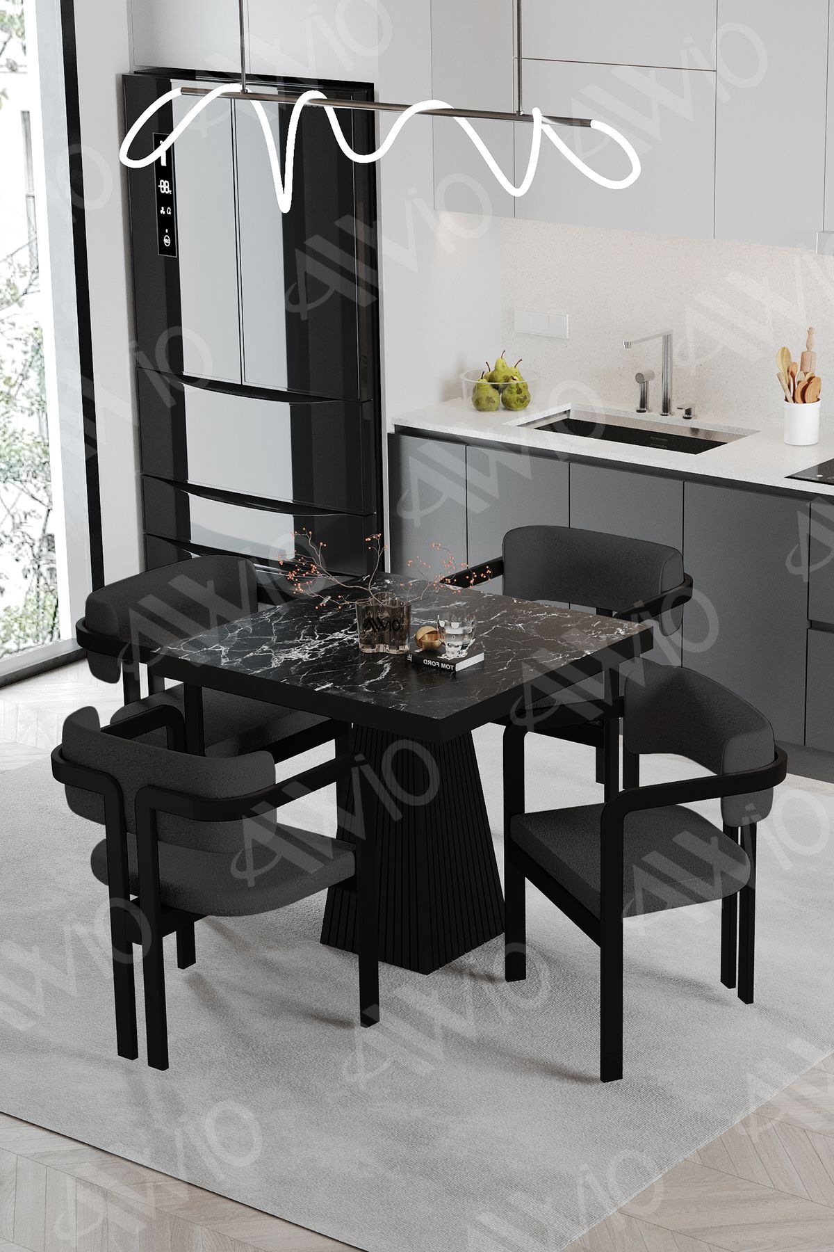 LEXUS Lake Mdf Ayak Tokyo Demonte Sandalye 80x80 Yemek Masası Mutfak Masası 4 Kişilik SİYAHMERMER - 80X80
