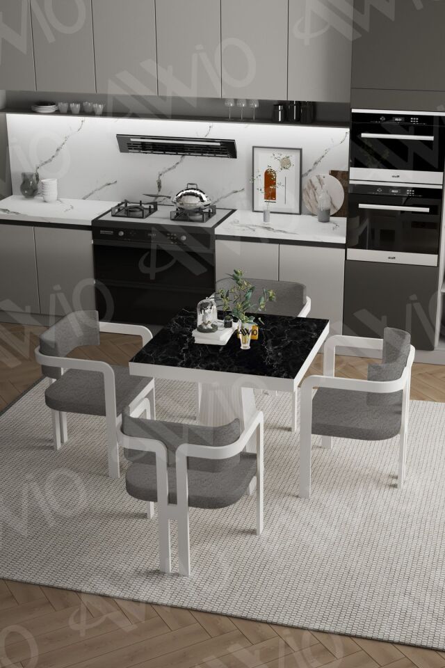 BİANCO Lake Mdf Ayak Tokyo Demonte Sandalye 80x80 Yemek Masası Mutfak Masası 4 Kişilik SİYAH MERMER - 80X80
