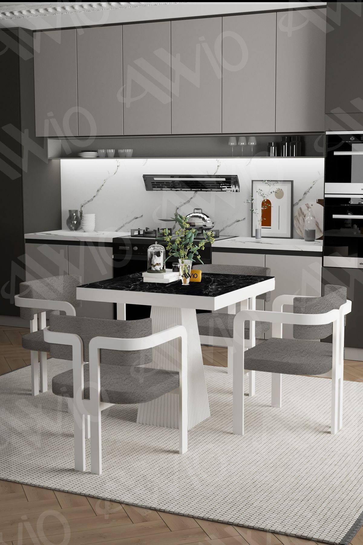 BİANCO Lake Mdf Ayak Tokyo Demonte Sandalye 80x80 Yemek Masası Mutfak Masası 4 Kişilik SİYAH MERMER - 80X80