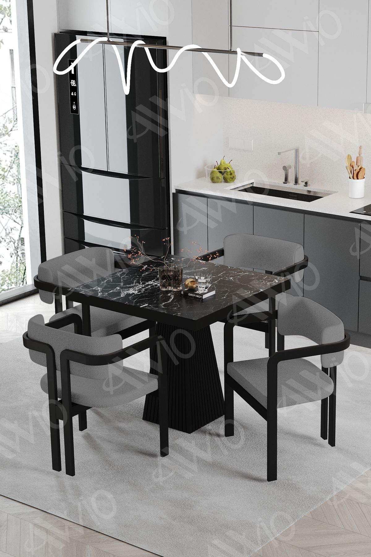 Bendis Bohem Ayak Tokyo Demonte Sandalye 80x80 Yemek Masası Mutfak Masası 4 Kişilik SİYAHMERMER - 80X80
