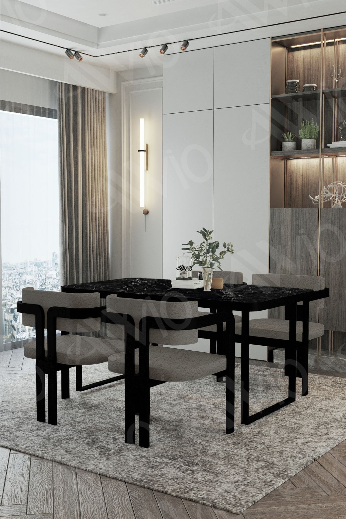 ROXY Metal Ayak Tokyo Demonte Sandalye 80x120 Yemek Masası Mutfak Masası 4 Kişilik SİYAH MERMER - 80X120