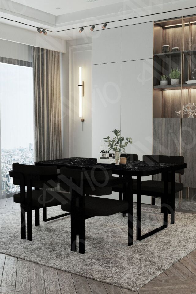 MARY Metal Ayak Tokyo Demonte Sandalye 80x120 Yemek Masası Mutfak Masası 4 Kişilik SİYAH MERMER - 80X120