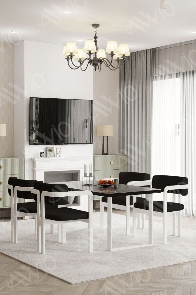 MİTRA MetalAyak Tokyo Demonte Sandalye 80x120 Yemek Masası Mutfak Masası 4 Kişilik SİYAH MERMER - 80X120