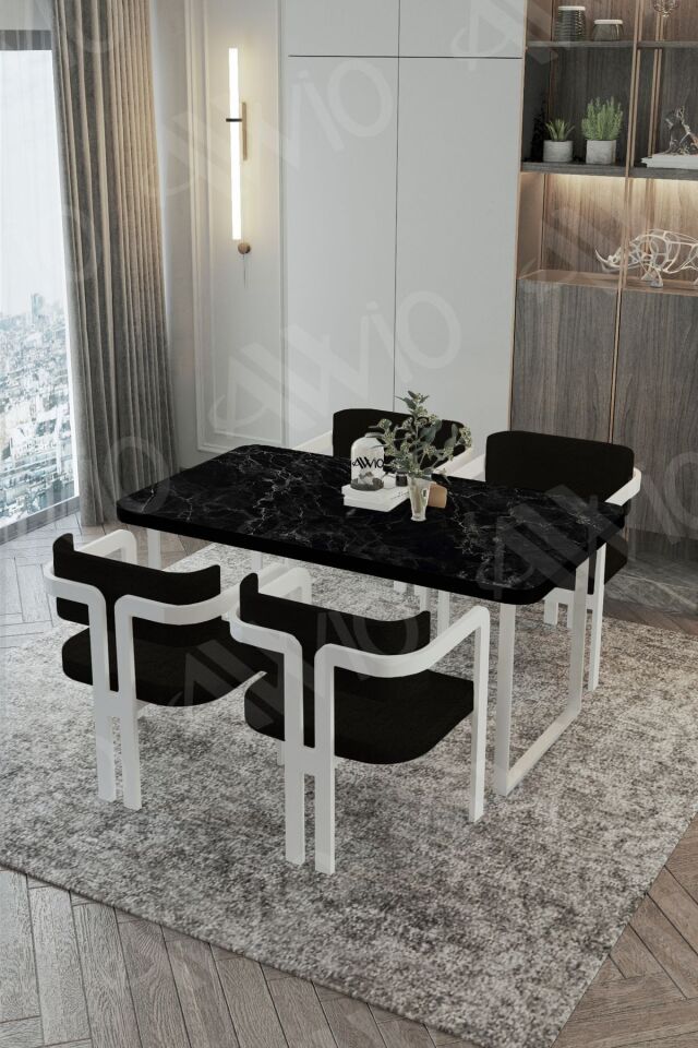 MİTRA MetalAyak Tokyo Demonte Sandalye 80x120 Yemek Masası Mutfak Masası 4 Kişilik SİYAH MERMER - 80X120