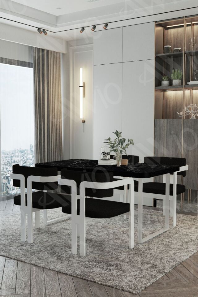 MİTRA MetalAyak Tokyo Demonte Sandalye 80x120 Yemek Masası Mutfak Masası 4 Kişilik SİYAH MERMER - 80X120