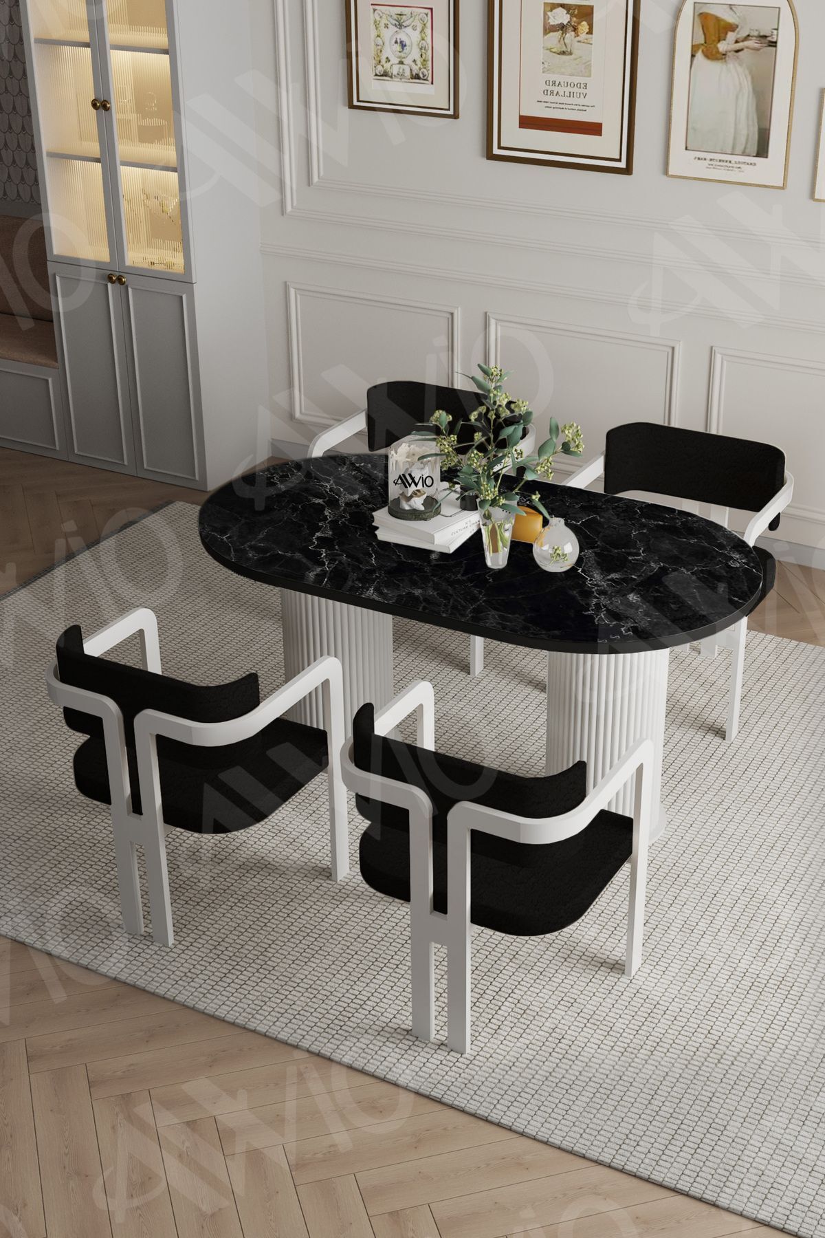 Caren Bohem Ayak 4'lü Tokyo Metal Demonte Sandalye 80x140 Masa Sandalye Takımı SİYAH MERMER - 80X140
