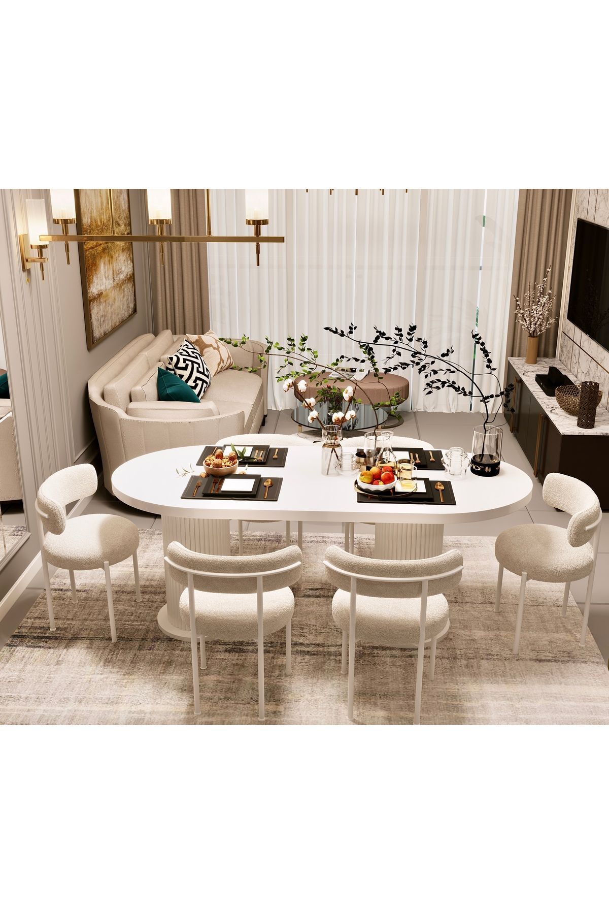 Veyron Bohem Ayak Beyaz Sandalye 80x160 Yemek Masası Mutfak Masası 6 Sandalyeli Masa Sandalye Takım BEYAZ - 80X160