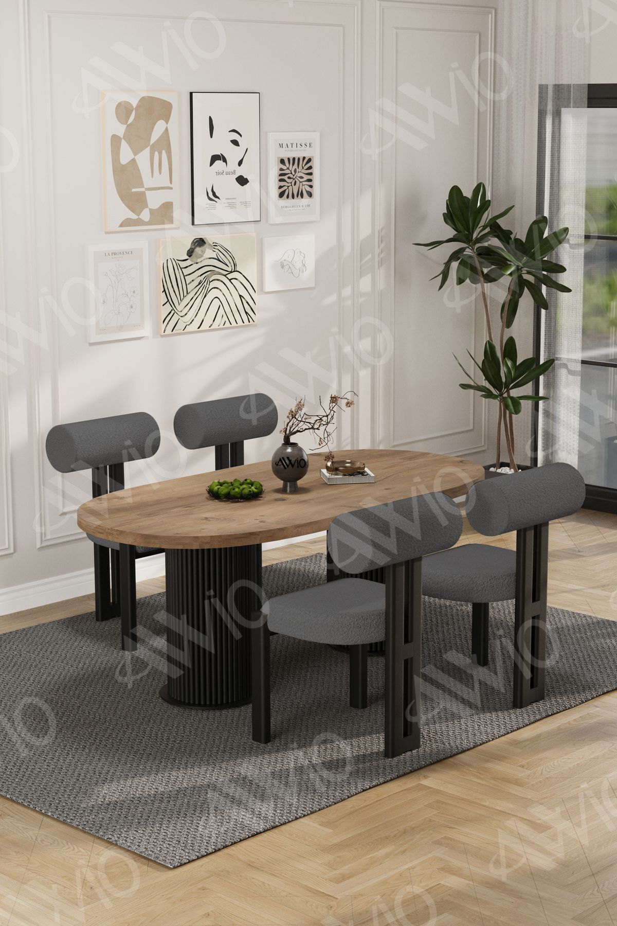 Cydney Serisi Bohem Ayak 4'lü Metal Pofi Demonte Sandalye 80x140 Masa Sandalye Takımı Akça Masa Sandalye Siyah Kumaş Gri - 80X140