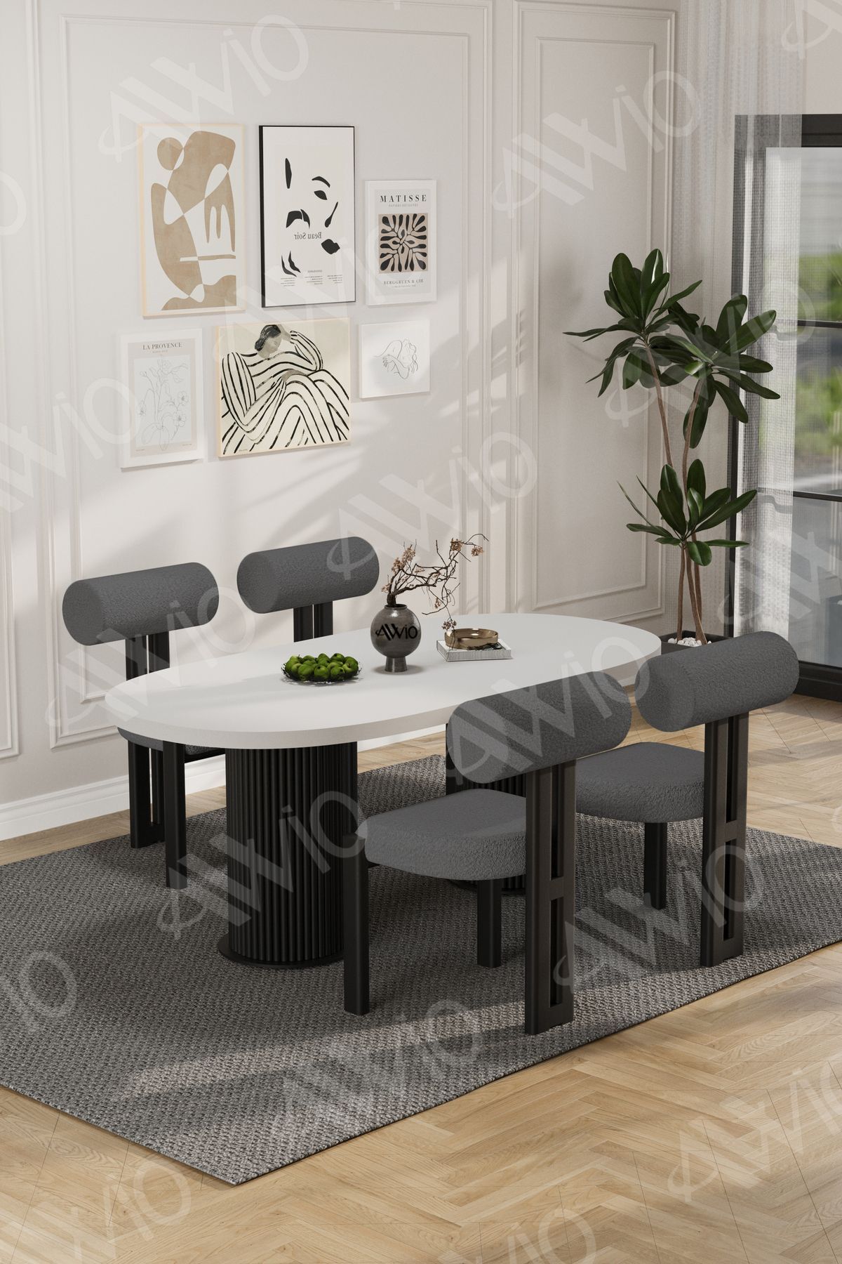 Cydney Serisi Bohem Ayak 4'lü Metal Pofi Demonte Sandalye 80x140 Masa Sandalye Takımı Beyaz Masa Sandalye Siyah Kumaş Gri - 80X140