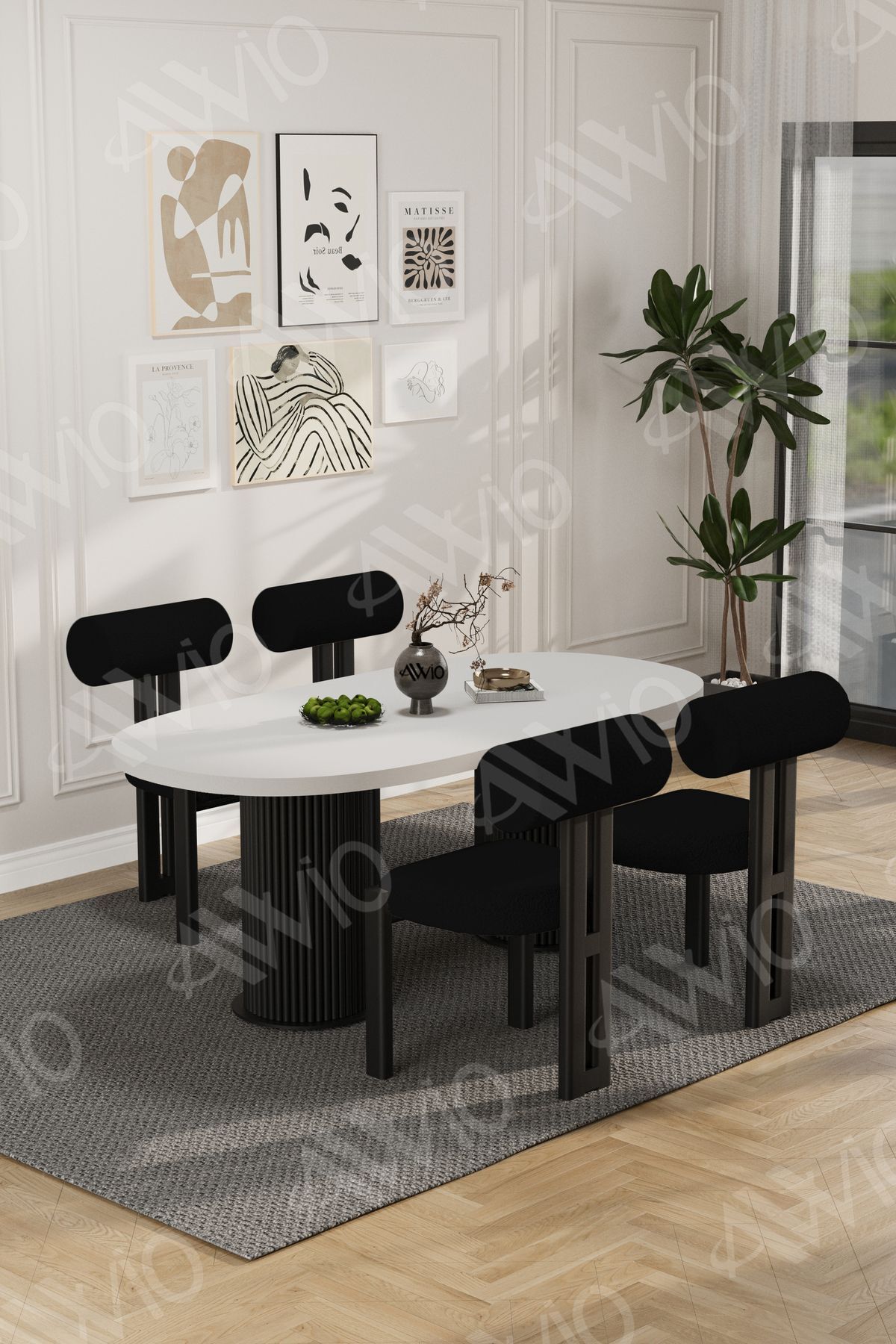 Cydney Serisi Bohem Ayak 4'lü Metal Pofi Demonte Sandalye 80x140 Masa Sandalye Takımı Beyaz Masa Sandalye Siyah Kumaş Siyah - 80X140