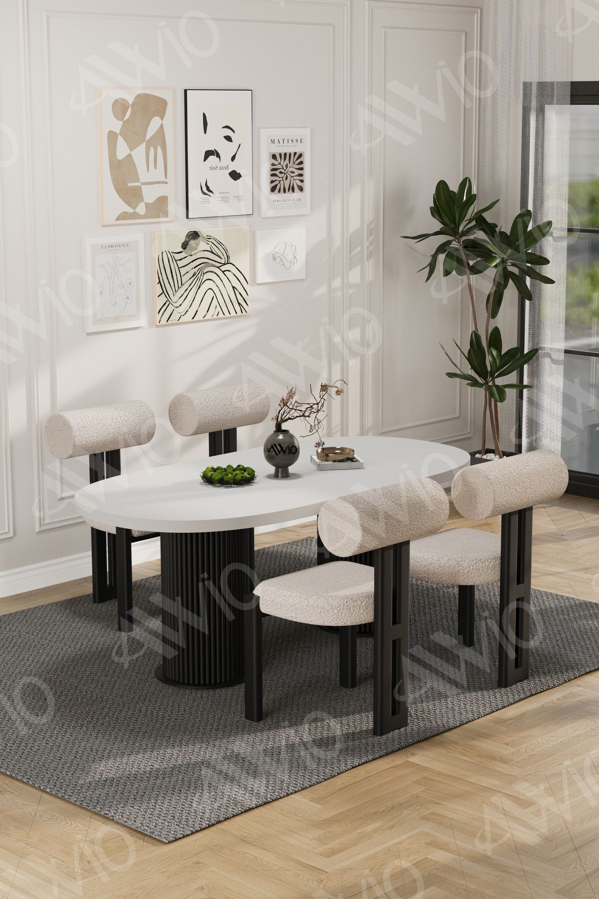 Cydney Serisi Bohem Ayak 4'lü Metal Pofi Demonte Sandalye 80x140 Masa Sandalye Takımı Beyaz Masa Sandalye Siyah Kumaş Krem - 80X140
