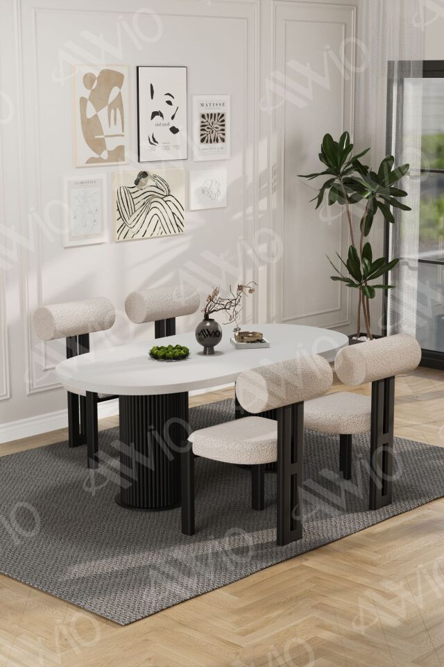 Cydney Serisi Bohem Ayak 4'lü Metal Pofi Demonte Sandalye 80x140 Masa Sandalye Takımı Beyaz Masa Sandalye Siyah Kumaş Krem - 80X140
