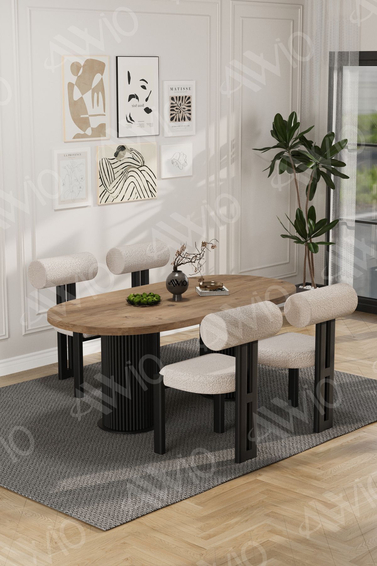 Cydney Serisi Bohem Ayak 4'lü Metal Pofi Demonte Sandalye 80x140 Masa Sandalye Takımı Akça Masa Sandalye Siyah Kumaş Krem - 80X140