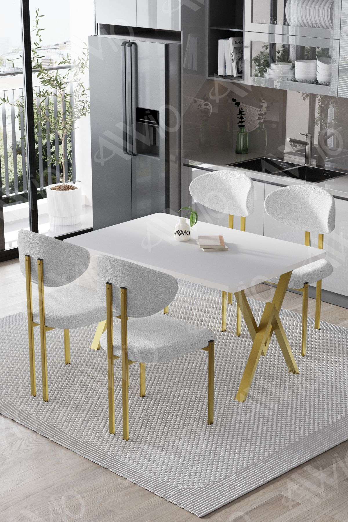 DANTE Mat Gold Lotus Sandalye 80x120 Yemek Masası Mutfak Masası 4 Kişilik Masa Sandalye Takımı BEYAZ MASA SANDALYE MAT GOLD BEYAZ - 80X120
