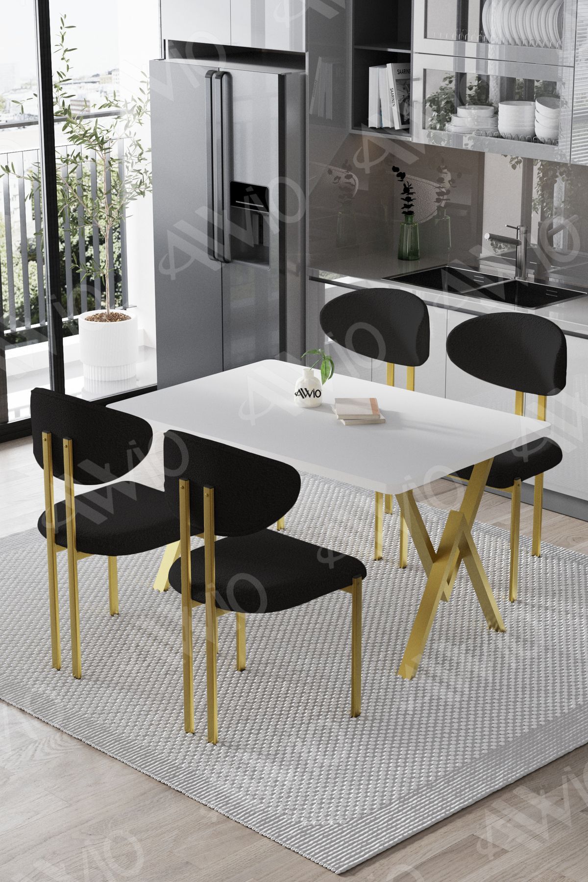 DANTE Mat Gold Lotus Sandalye 80x120 Yemek Masası Mutfak Masası 4 Kişilik Masa Sandalye Takımı BEYAZ MASA SANDALYE MAT GOLD SİYAH - 80X120