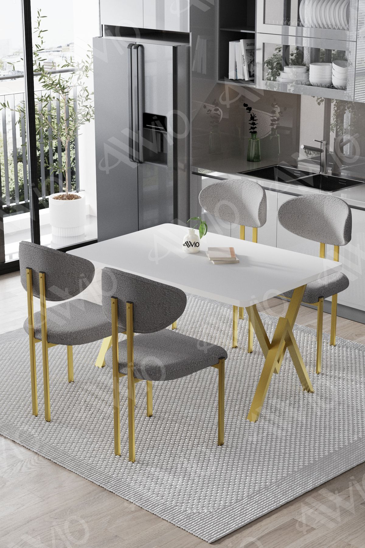 DANTE Mat Gold Lotus Sandalye 80x120 Yemek Masası Mutfak Masası 4 Kişilik Masa Sandalye Takımı BEYAZ MASA SANDALYE MAT GOLD GRİ - 80X120