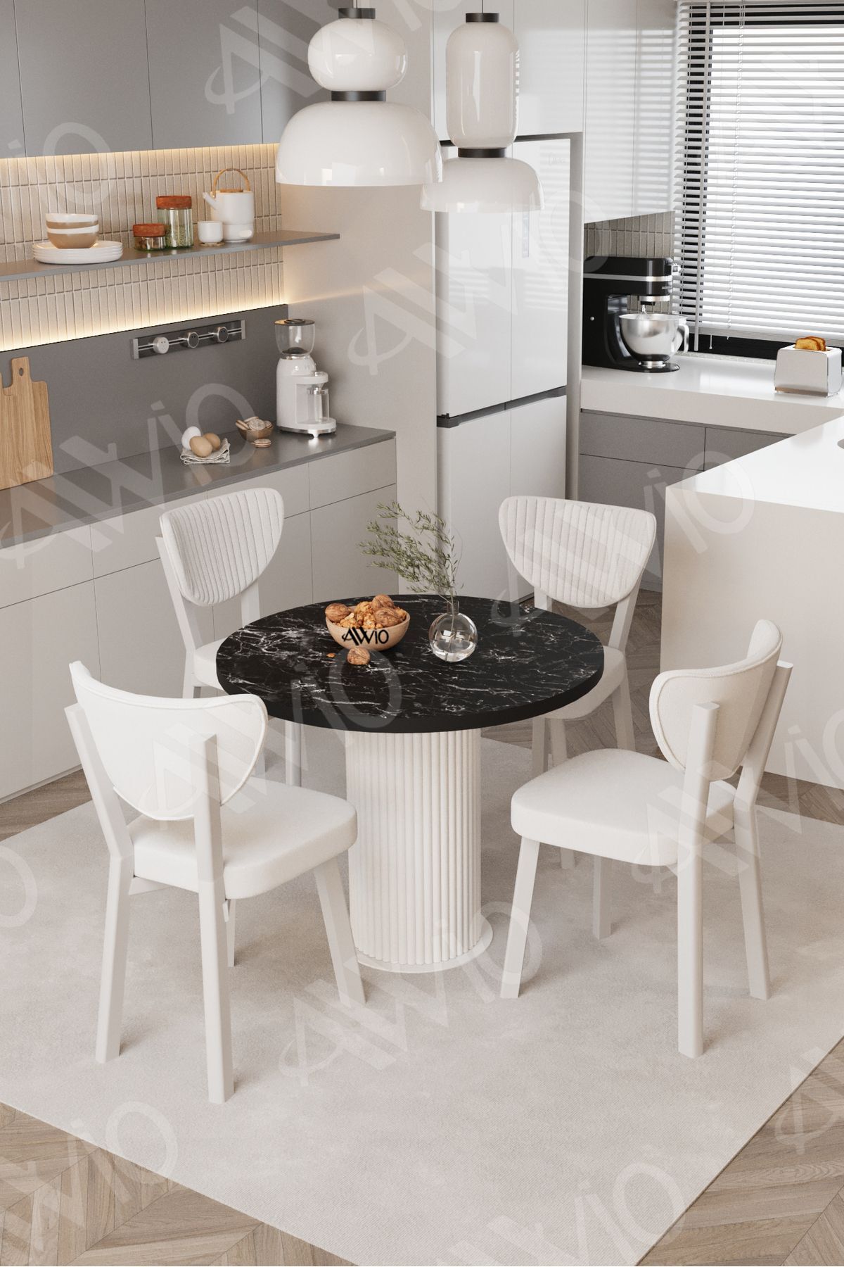 Elma Yuvarlak Siyah Mermer Mutfak Masa 4 Adet Sandalyeli Takım 90x90 cm Krem - 90X90