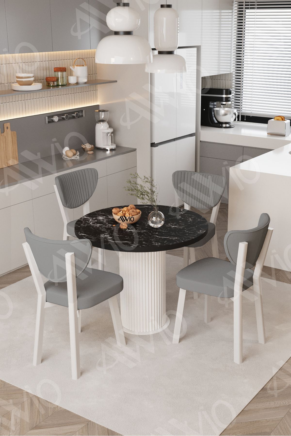 Elma Yuvarlak Siyah Mermer Mutfak Masa 4 Adet Sandalyeli Takım 90x90 cm Gri - 90X90