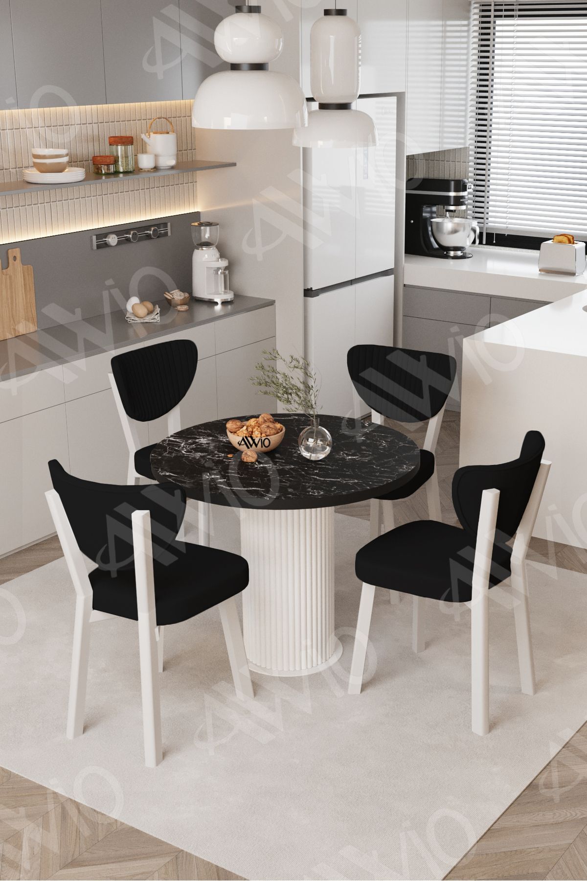 Elma Yuvarlak Siyah Mermer Mutfak Masa 4 Adet Sandalyeli Takım 90x90 cm Siyah - 90X90
