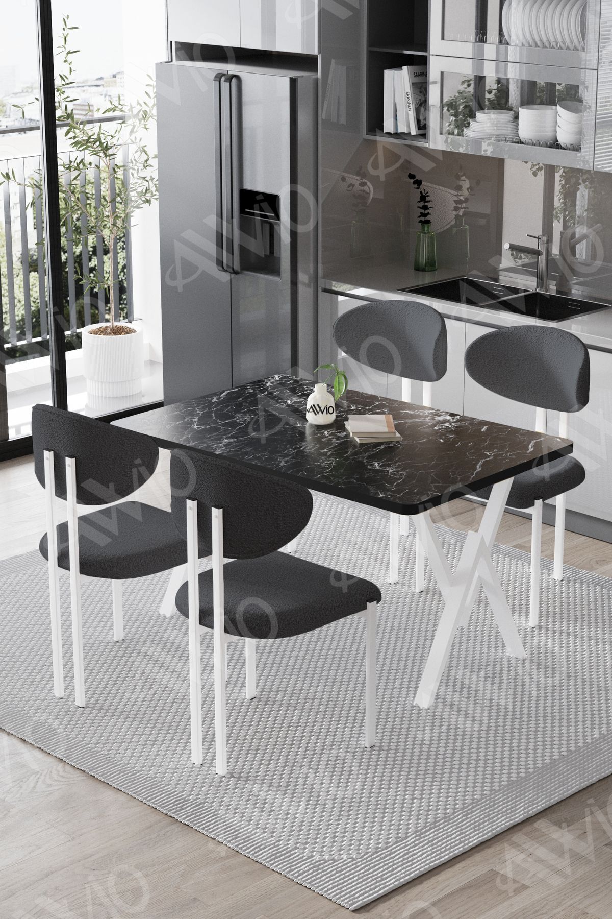 Fonte Lotus Sandalye 80x120 Yemek Masası Mutfak Masası 4 Kişilik Masa Sandalye Takımı Siyah Mermer Sandalye Antrasit Gri - 80X120