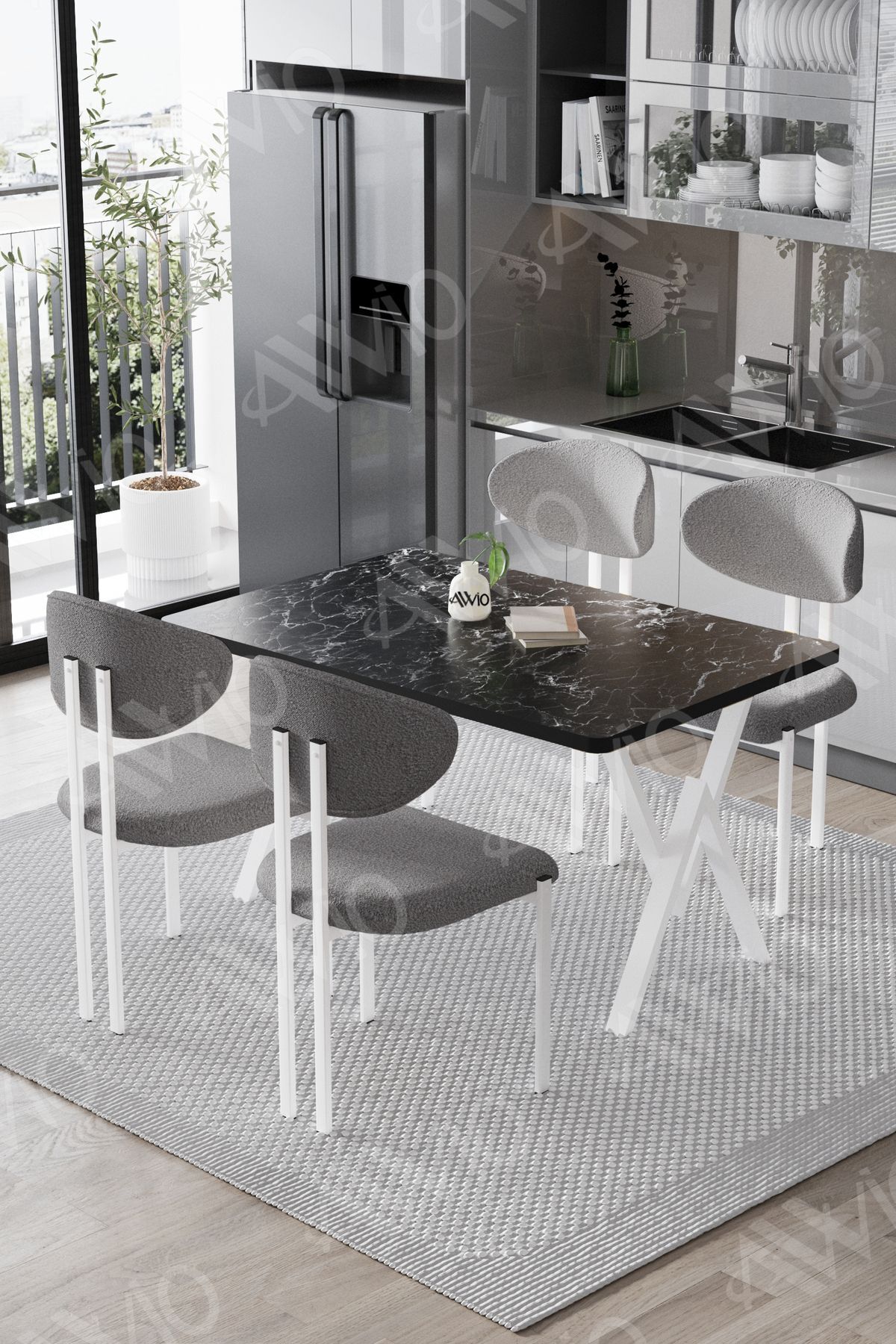 Fonte Lotus Sandalye 80x120 Yemek Masası Mutfak Masası 4 Kişilik Masa Sandalye Takımı Siyah Mermer  Sandalye Gri - 80X120