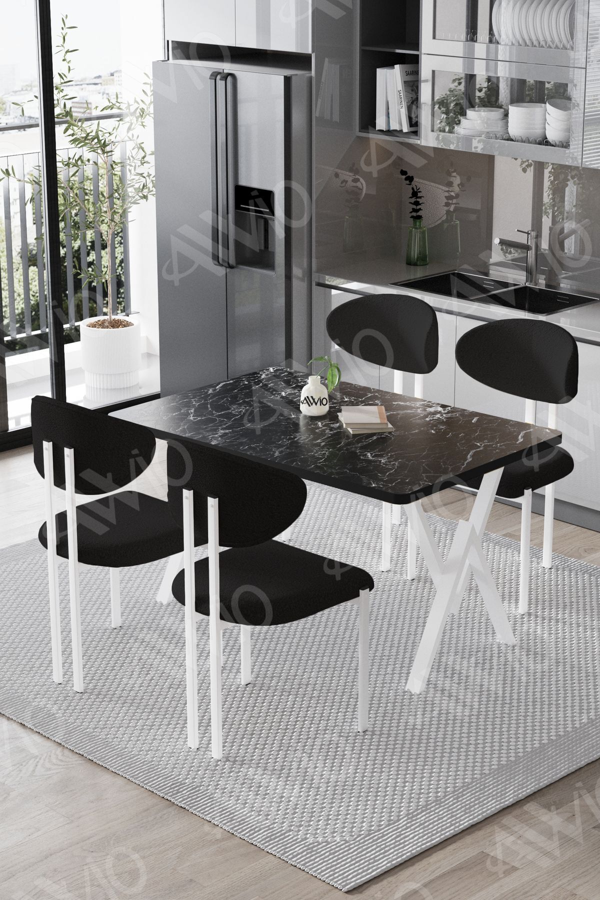 Fonte Lotus Sandalye 80x120 Yemek Masası Mutfak Masası 4 Kişilik Masa Sandalye Takımı Siyah Mermer  Sandalye Siyah - 80X120