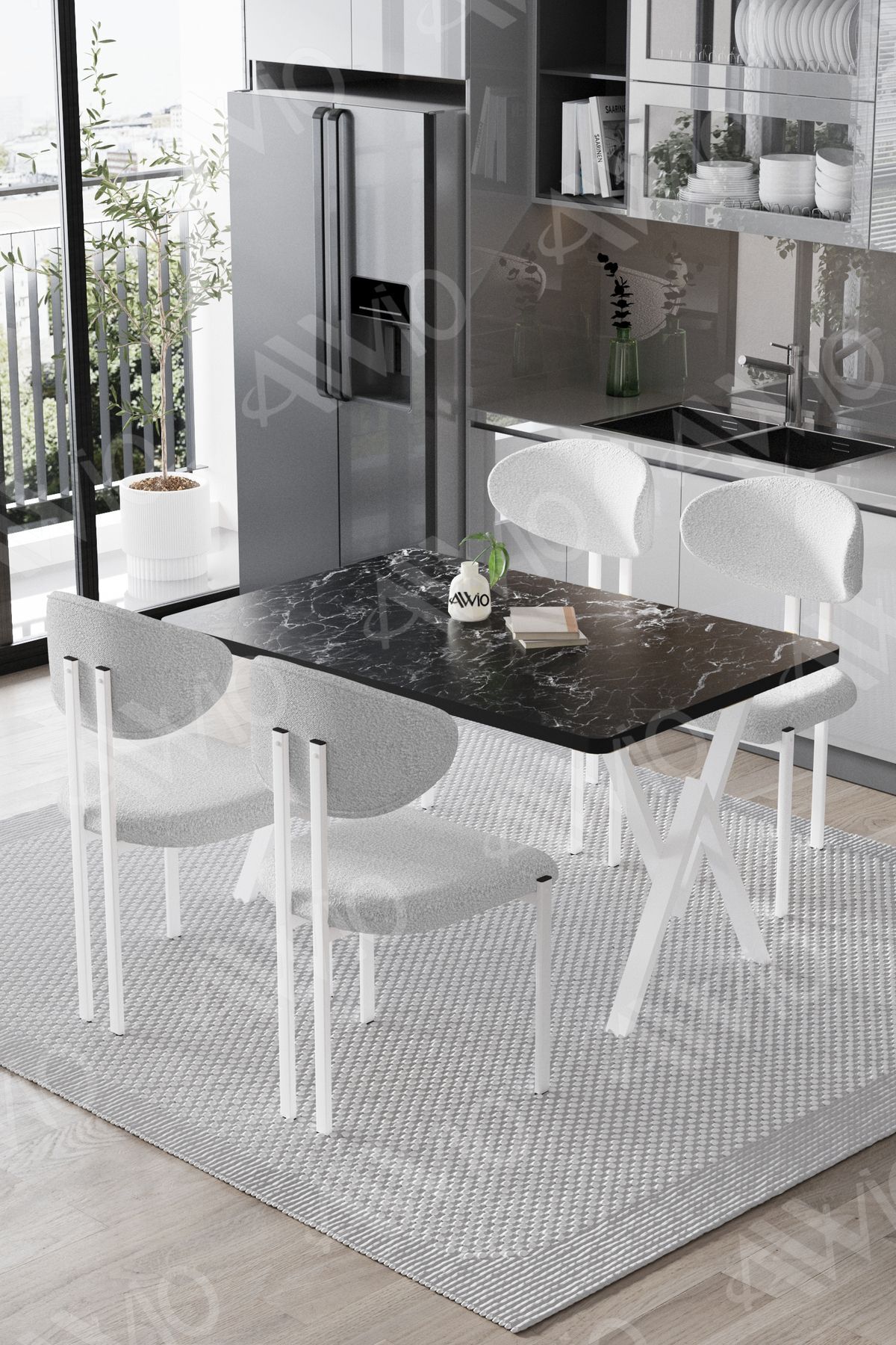 Fonte Lotus Sandalye 80x120 Yemek Masası Mutfak Masası 4 Kişilik Masa Sandalye Takımı Siyah Mermer Sandalye Beyaz - 80X120