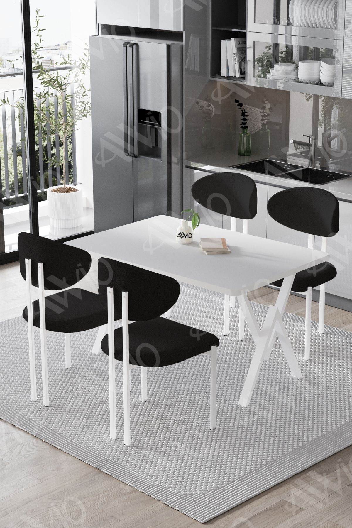 Hauga Lotus Sandalye 80x120 Yemek Masası Mutfak Masası 4 Kişilik Masa Sandalye Takımı Beyaz Masa Sandalye Siyah - 80X120