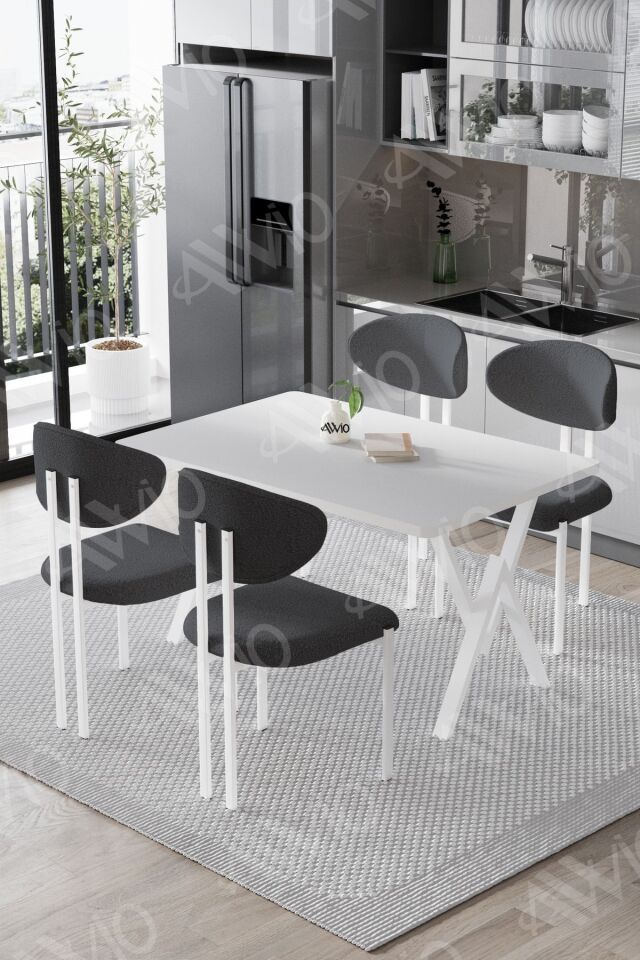 Hauga Lotus Sandalye 80x120 Yemek Masası Mutfak Masası 4 Kişilik Masa Sandalye Takımı Beyaz Masa Sandalye Antrasit Gri - 80X120