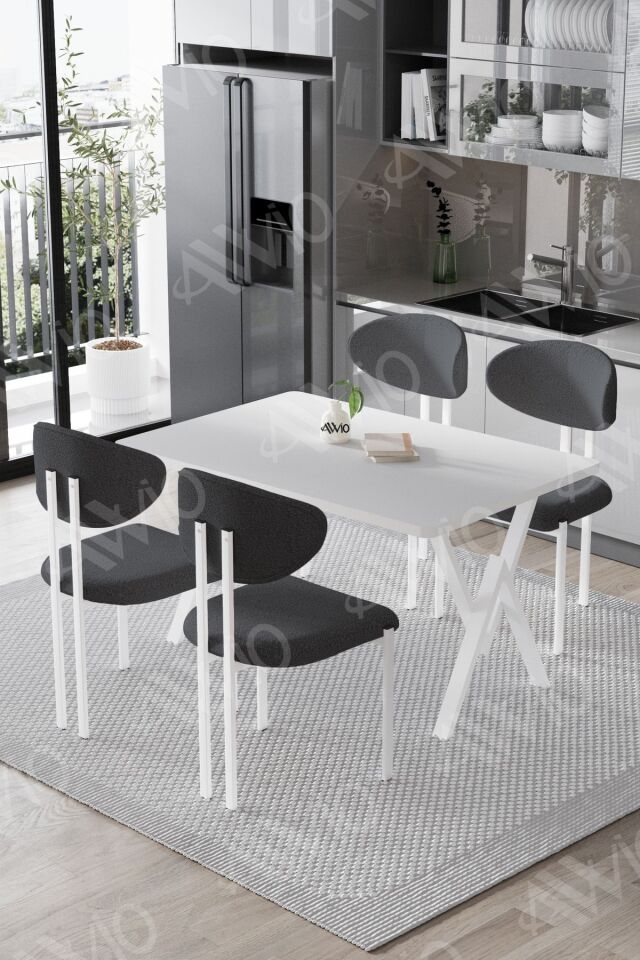 Hauga Lotus Sandalye 80x120 Yemek Masası Mutfak Masası 4 Kişilik Masa Sandalye Takımı Beyaz Masa Sandalye Gri - 80X120