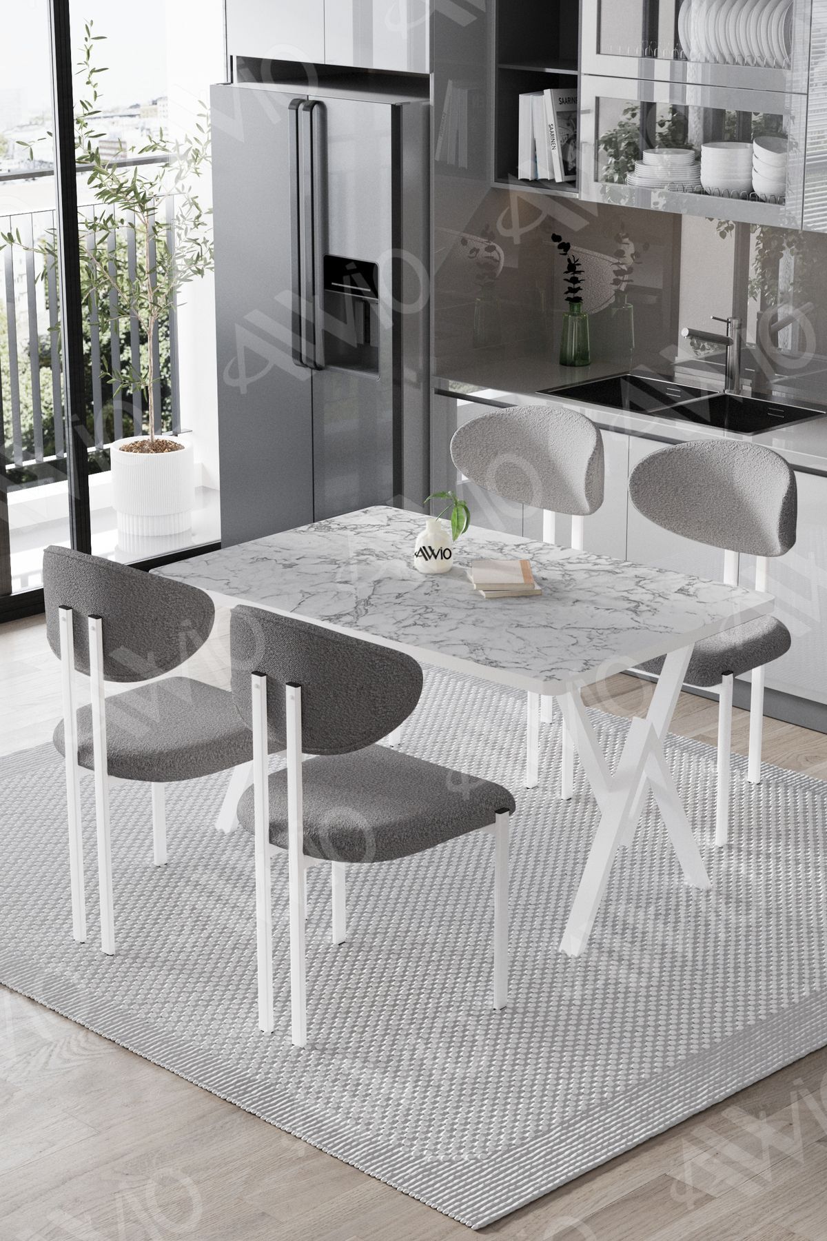 Lagos Lotus Sandalye 80x120 Yemek Masası Mutfak Masası 4 Kişilik Masa Sandalye Takımı Beyaz Mermer Sandalye Gri - 80X120