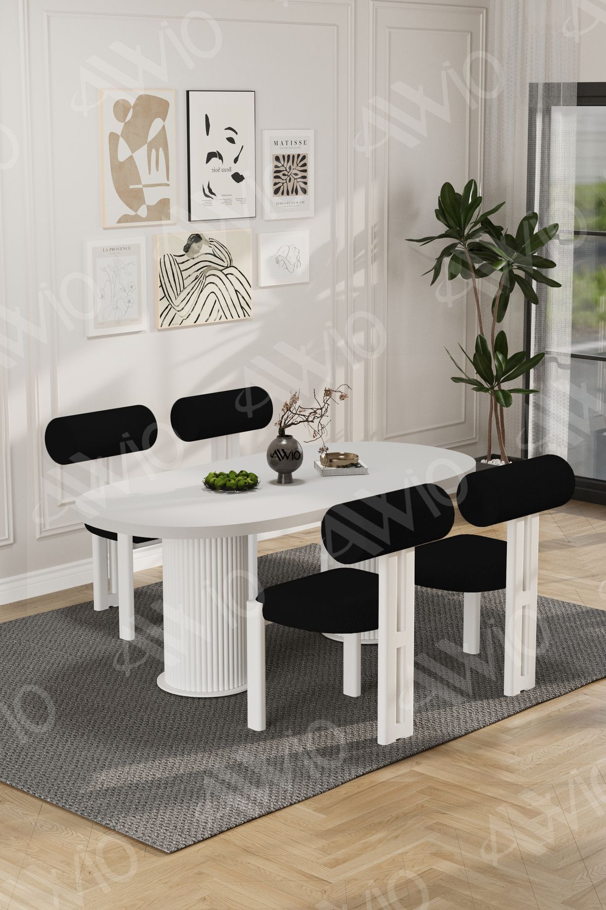 Lora Serisi Bohem Ayak 4'lü Metal Pofi Demonte Sandalye 80x140 Masa Sandalye Takımı Beyaz Masa Sandalye Beyaz Kumaş Siyah - 80X140