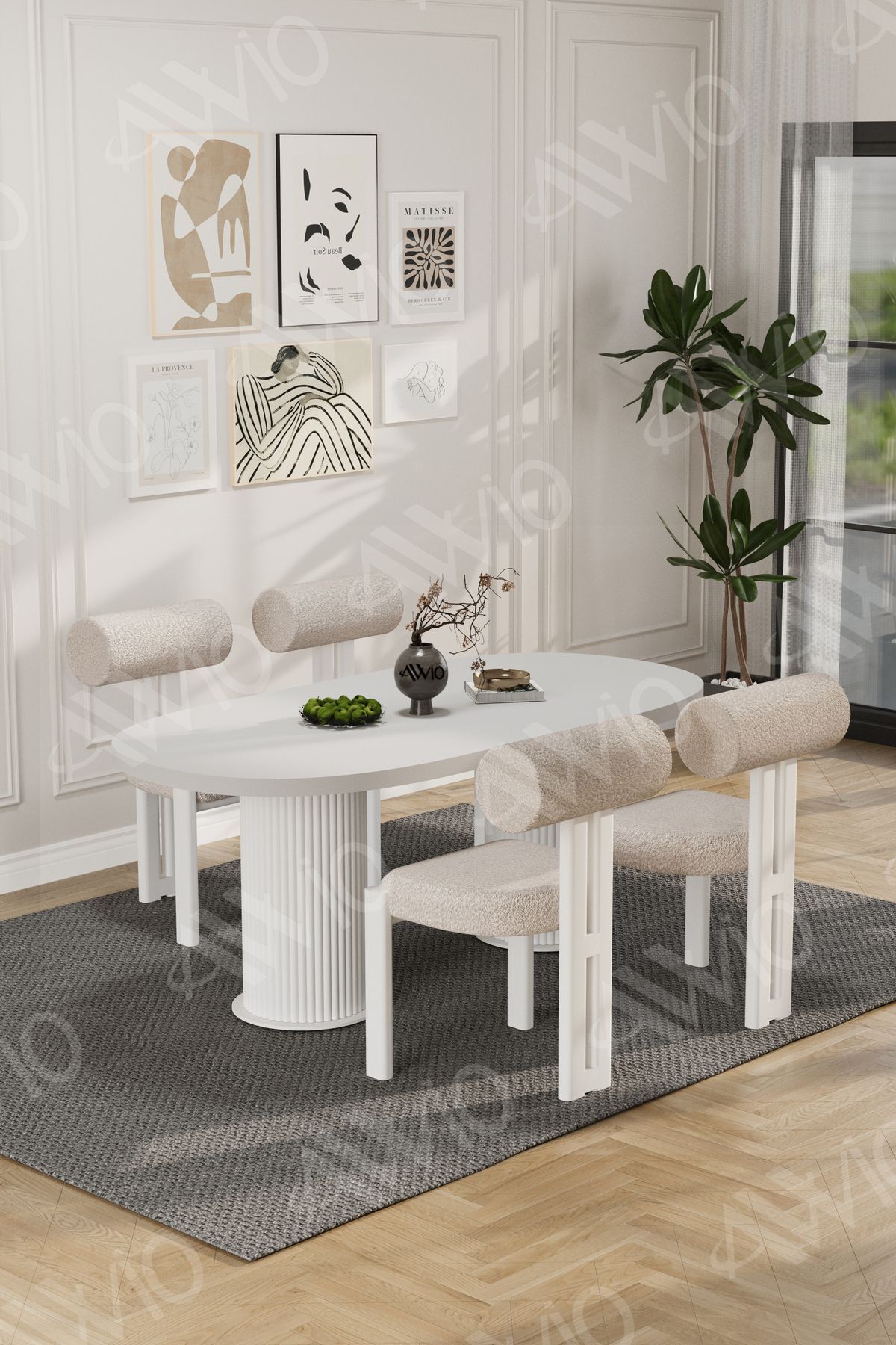 Lora Serisi Bohem Ayak 4'lü Metal Pofi Demonte Sandalye 80x140 Masa Sandalye Takımı Beyaz Masa Sandalye Beyaz Kumaş Krem - 80X140