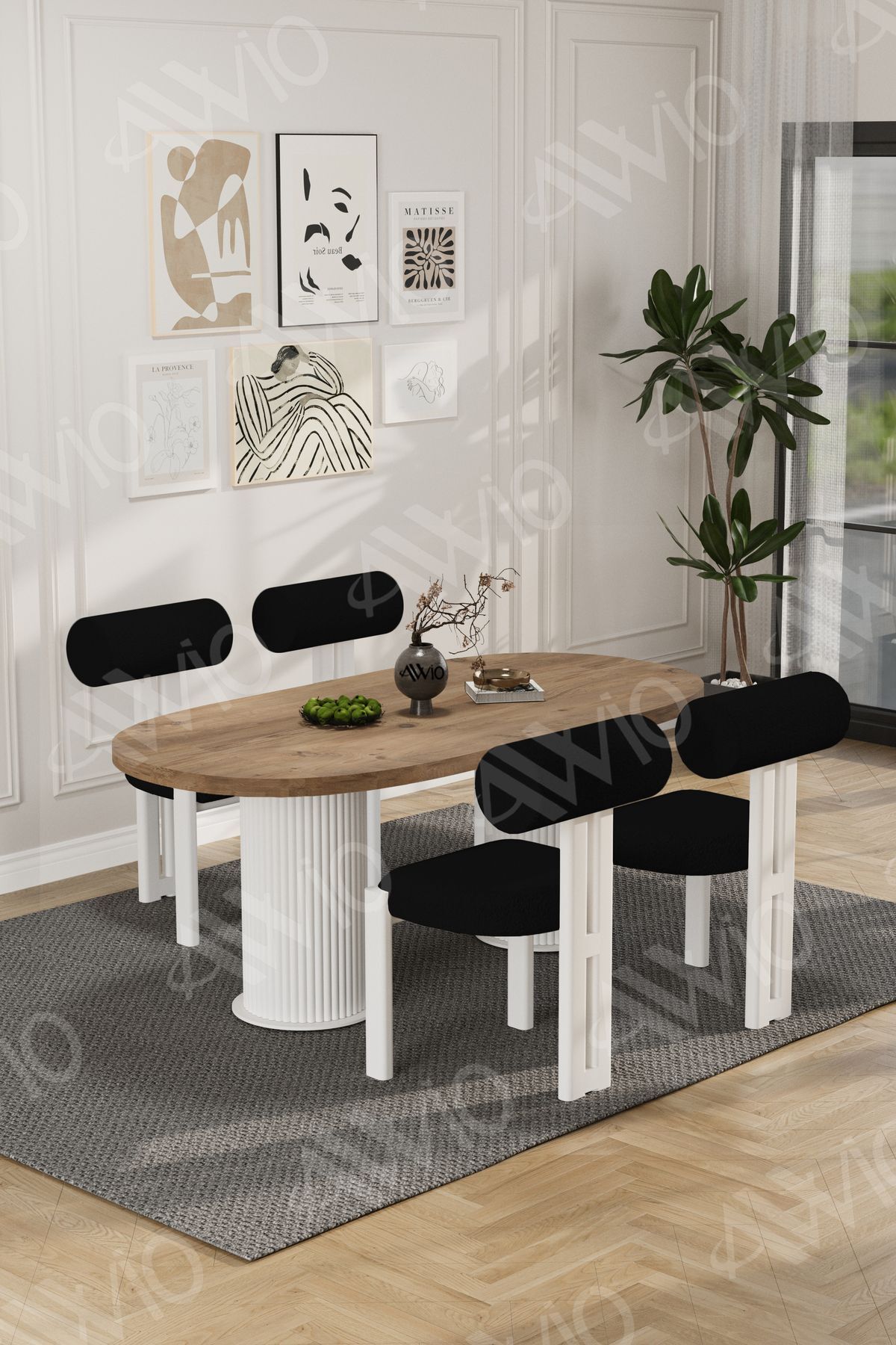 Lora Serisi Bohem Ayak 4'lü Metal Pofi Demonte Sandalye 80x140 Masa Sandalye Takımı Akça Masa Sandalye Beyaz Kumaş Siyah - 80X140