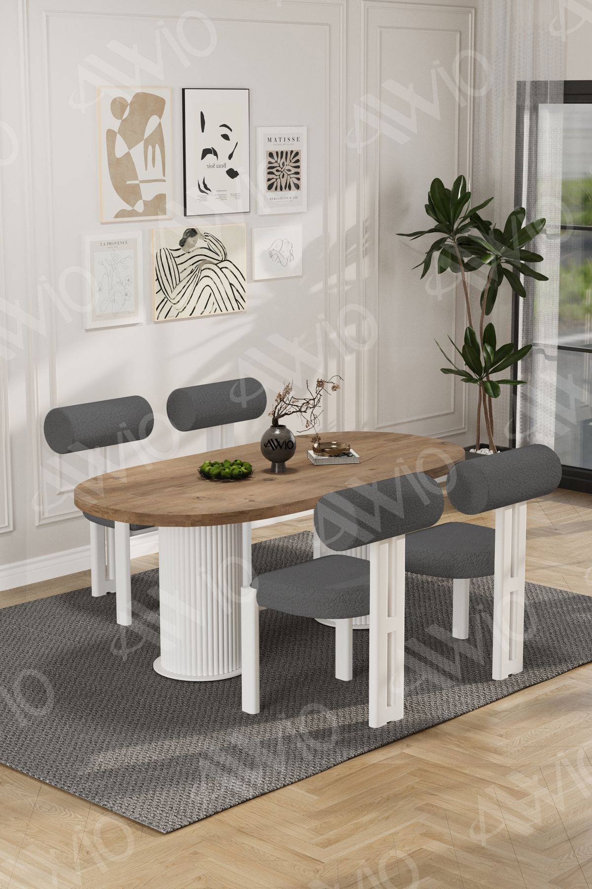 Lora Serisi Bohem Ayak 4'lü Metal Pofi Demonte Sandalye 80x140 Masa Sandalye Takımı Akça Masa Sandalye Beyaz Kumaş Gri - 80X140