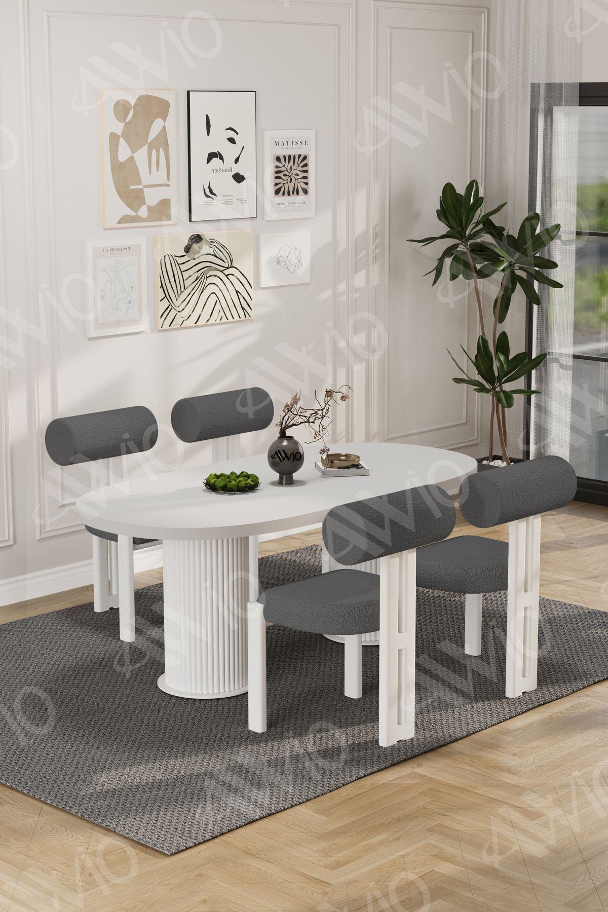 Lora Serisi Bohem Ayak 4'lü Metal Pofi Demonte Sandalye 80x140 Masa Sandalye Takımı Beyaz Masa Sandalye Beyaz Kumaş Gri - 80X140
