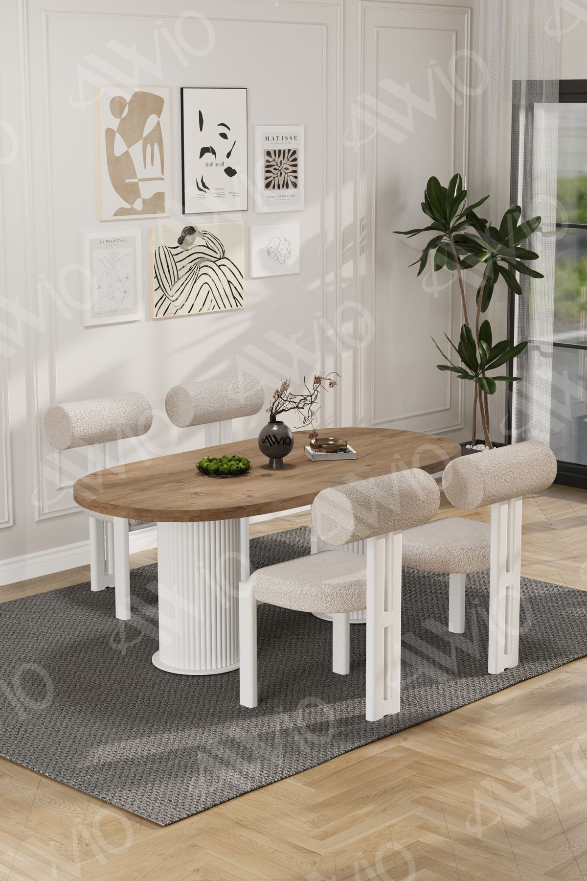 Lora Serisi Bohem Ayak 4'lü Metal Pofi Demonte Sandalye 80x140 Masa Sandalye Takımı Akça Masa Sandalye Beyaz Kumaş Krem - 80X140