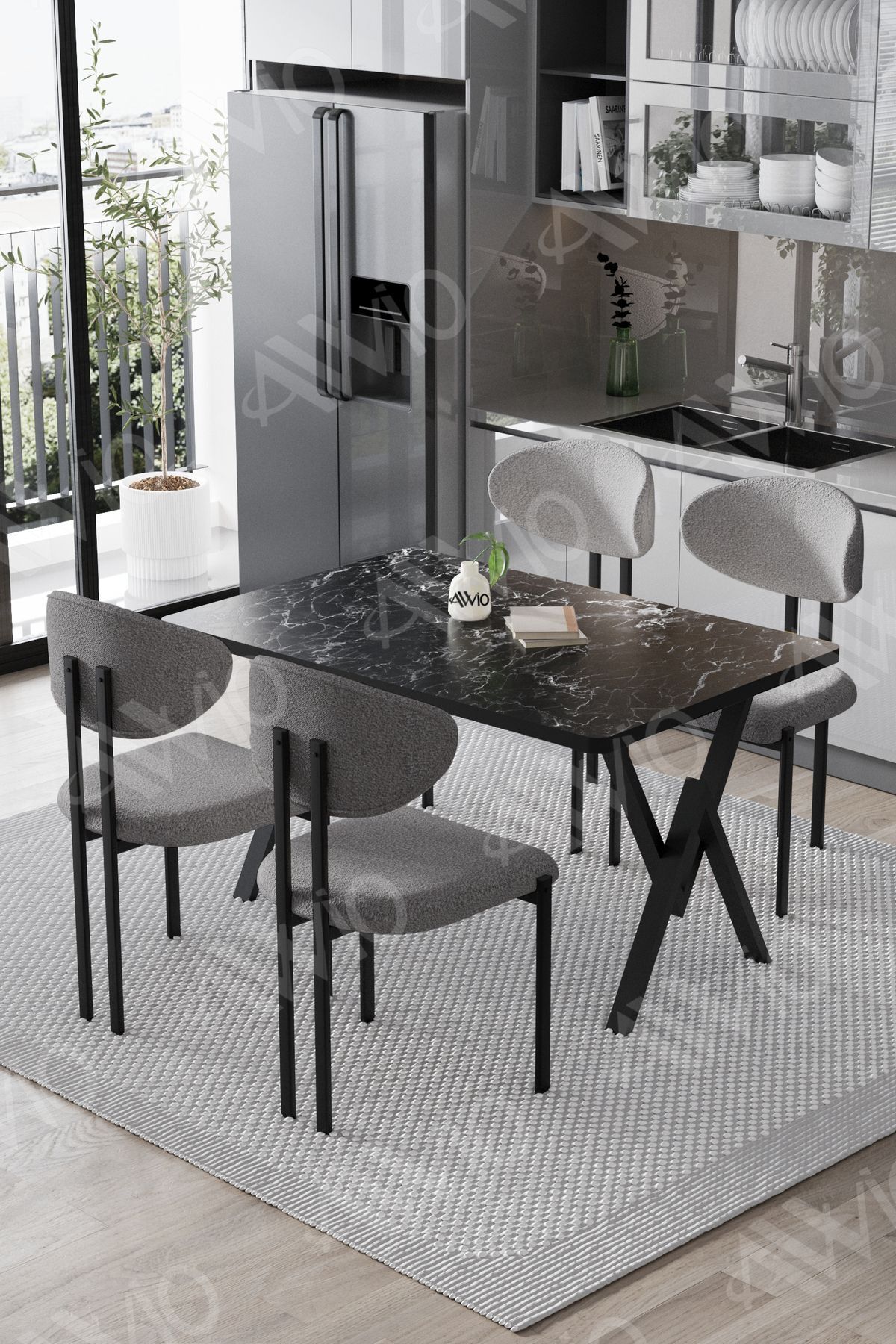 Lotus Sandalye 80x120 Yemek Masası Mutfak Masası 4 Kişilik Masa Sandalye Takımı Siyah Mermer Masa Sandalye Gri - 80X120