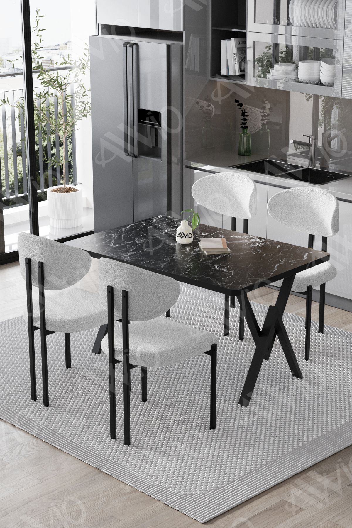 Lotus Sandalye 80x120 Yemek Masası Mutfak Masası 4 Kişilik Masa Sandalye Takımı Siyah Mermer Masa Sandalye Beyaz - 80X120
