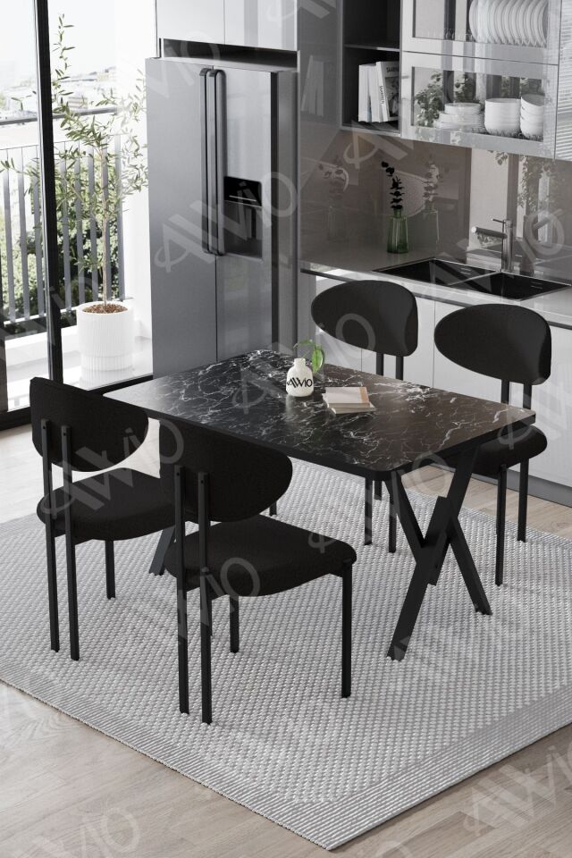 Lotus Sandalye 80x120 Yemek Masası Mutfak Masası 4 Kişilik Masa Sandalye Takımı Siyah Mermer Masa Sandalye Siyah - 80X120