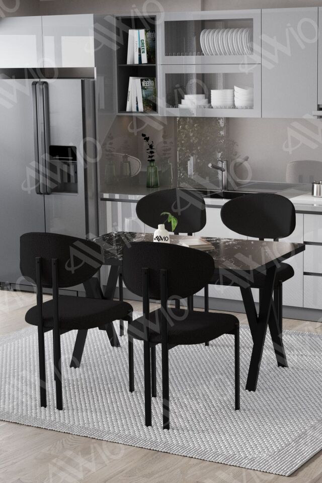 Lotus Sandalye 80x120 Yemek Masası Mutfak Masası 4 Kişilik Masa Sandalye Takımı Siyah Mermer Masa Sandalye Siyah - 80X120