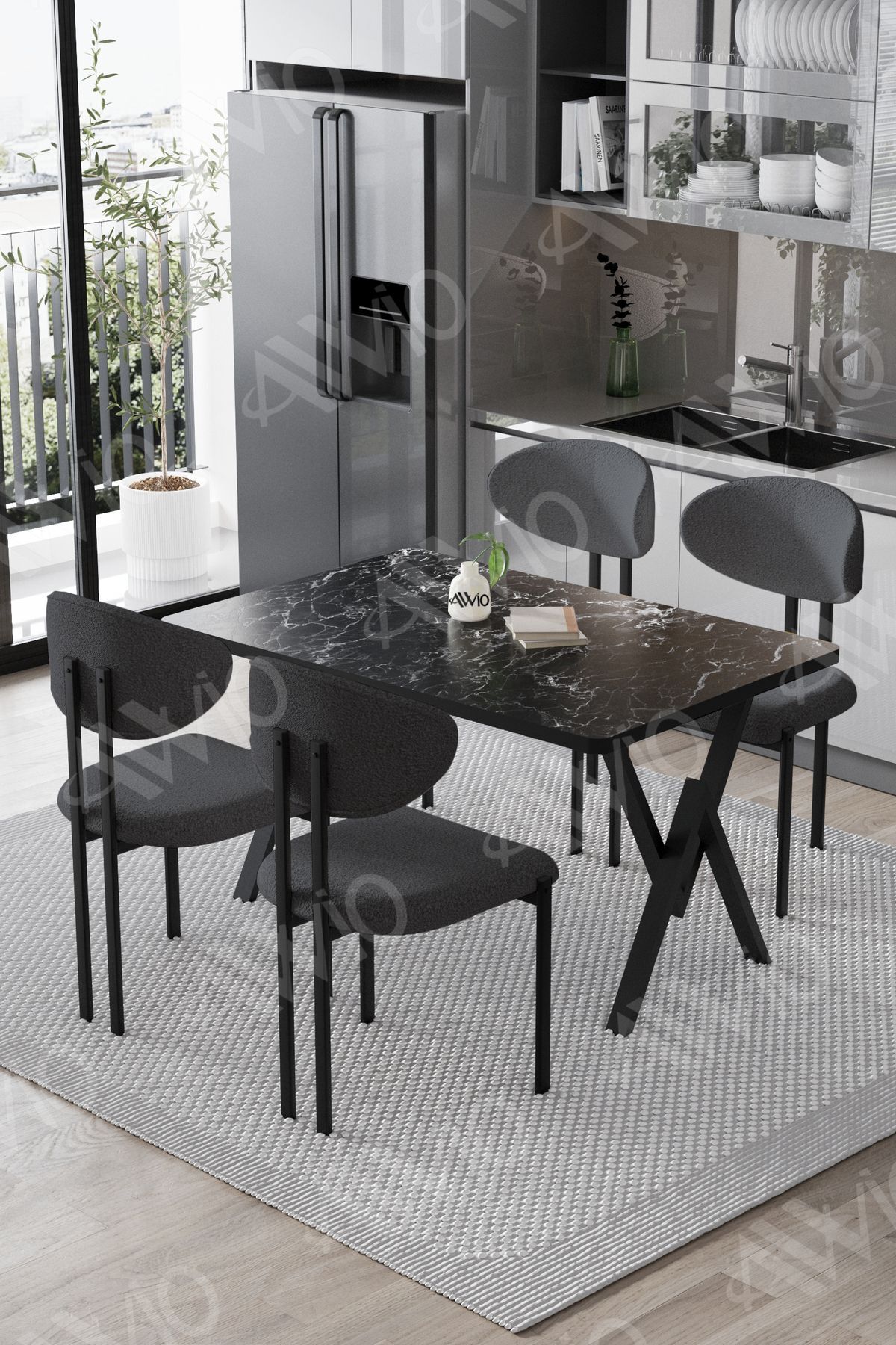Lotus Sandalye 80x120 Yemek Masası Mutfak Masası 4 Kişilik Masa Sandalye Takımı Siyah Mermer Masa Sandalye Antrasit Gri - 80X120