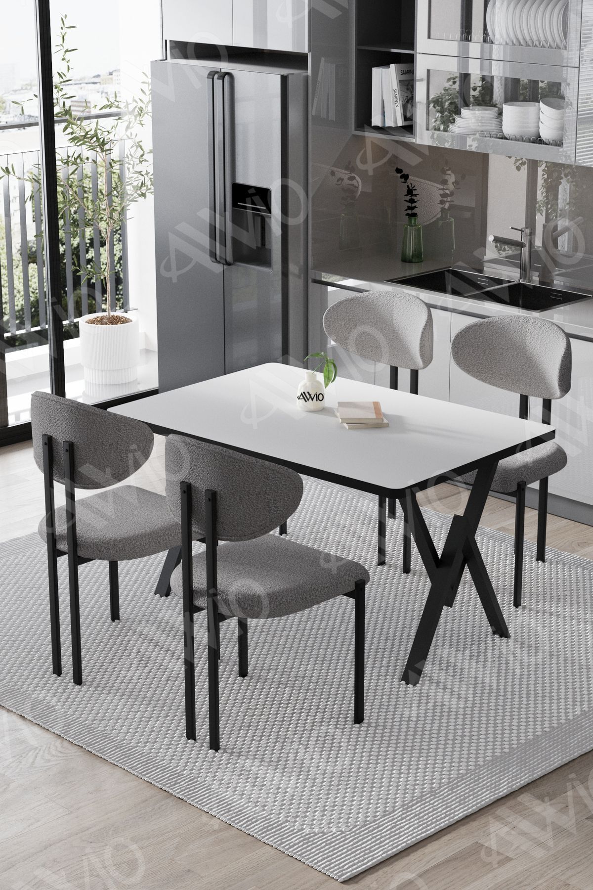 Mara Lotus 80x120 Yemek Masası Mutfak Masası Ofis Masası 4 Kişilik Masa Sandalye Takımı DÜZ BEYAZ SANDALYE GRİ - 80X120