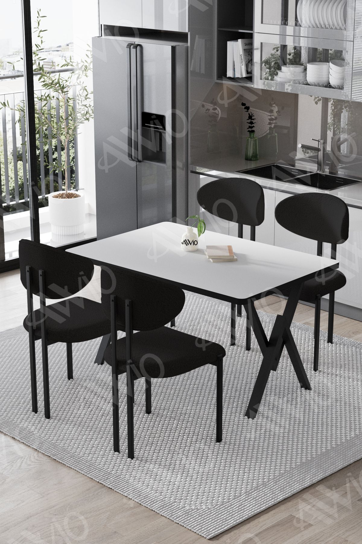 Mara Lotus 80x120 Yemek Masası Mutfak Masası Ofis Masası 4 Kişilik Masa Sandalye Takımı DÜZ BEYAZ SANDALYE SİYAH - 80X120