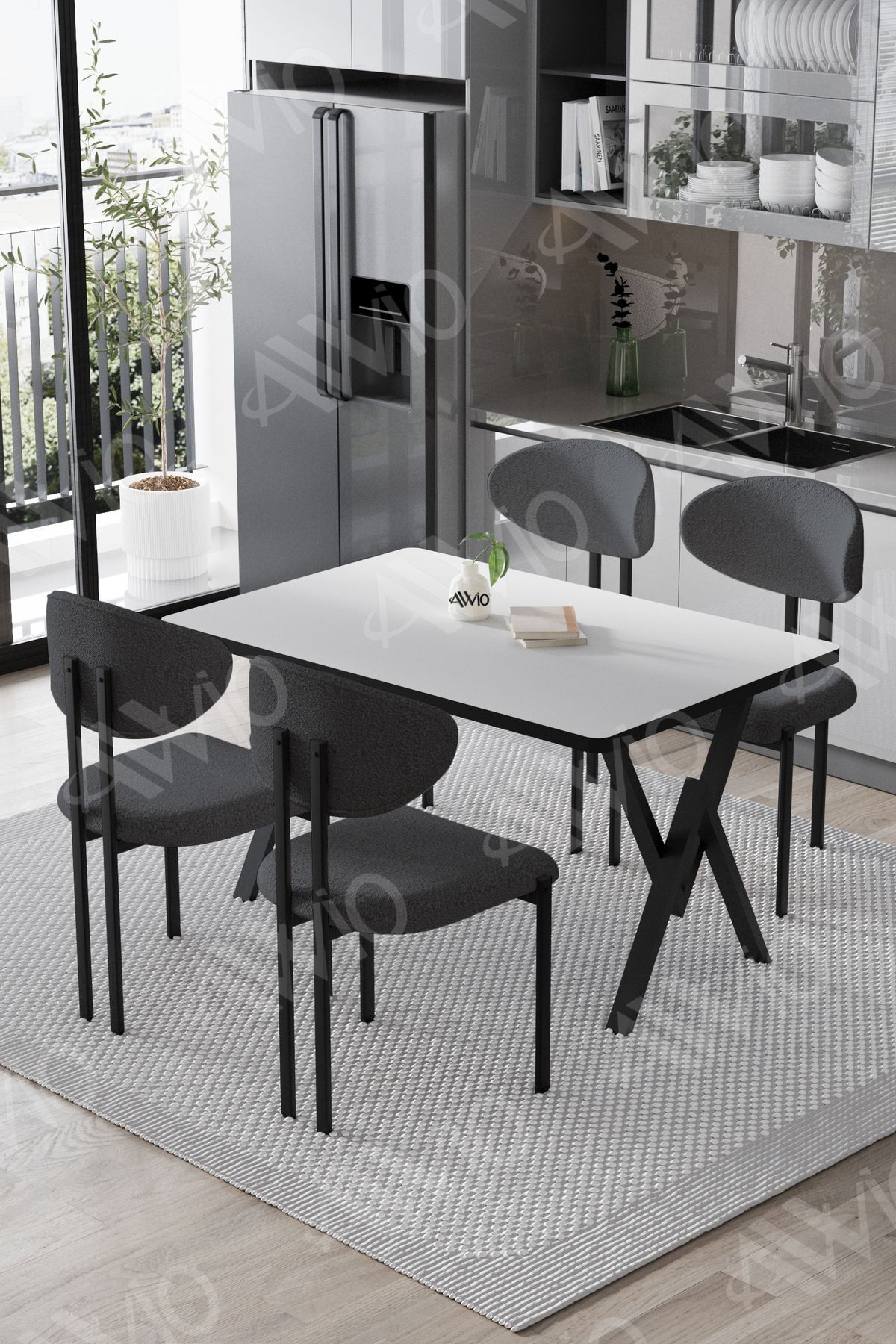 Mara Lotus 80x120 Yemek Masası Mutfak Masası Ofis Masası 4 Kişilik Masa Sandalye Takımı DÜZ BEYAZ MASA SANDALYE ANTRASİT GRİ - 80X120