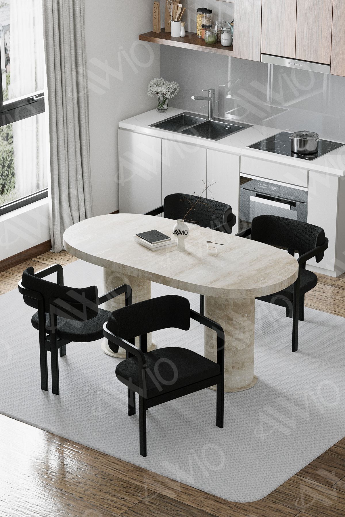 Traverten 80X 140 Yemek Masası Mutfak Masası 4 Kişilik Masa Sandalye Takımı KREM MASA SANDALYE KUMAŞ SİYAH - 80X140