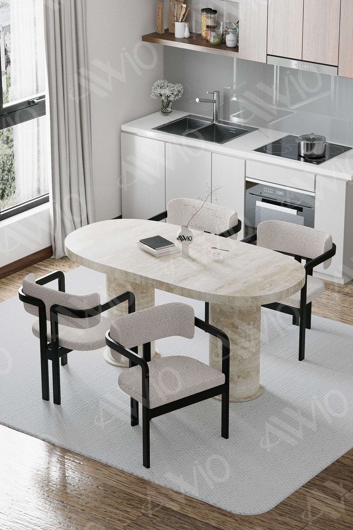 Traverten 80X 140 Yemek Masası Mutfak Masası 4 Kişilik Masa Sandalye Takımı KREM MASA SANDALYE KUMAŞ BEYAZ - 80X140